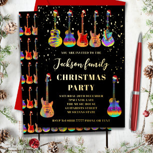 Carte De Vœux En Aluminium Fête de Noël Thème Musical Guitare Noir Or