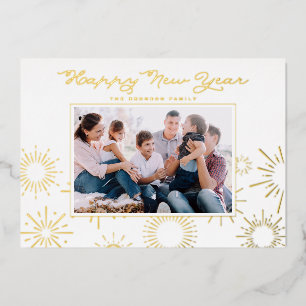 Carte De Vœux En Aluminium Feux d'artifice Fantaisistes Photo Bonne Année Or