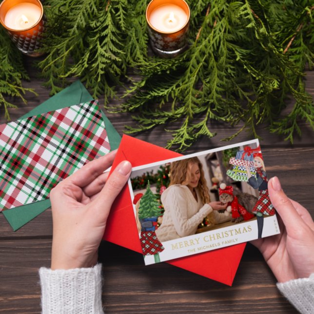 Carte De Vœux En Aluminium Fille festive Illustration de Noël Plaid Photo (Créateur téléchargé)