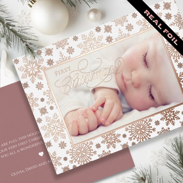 Carte De Vœux En Aluminium First Christmas Snowflake Frame Rose Gold  (First Christmas Snowflake Rose Gold Frame Foil Holiday Card - back personal greeting)