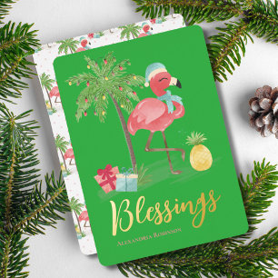 Carte De Vœux En Aluminium Flamant Rose De Noël D'été Tropical Palmier