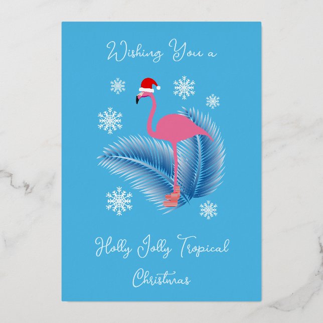 Carte De Vœux En Aluminium Flamant rose de Noël Tropical Holly Jolly (Recto)
