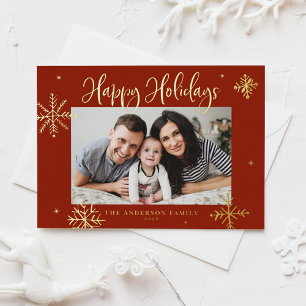 Carte De Vœux En Aluminium Flammes de neige Whimsical Red Happy Holidays Phot