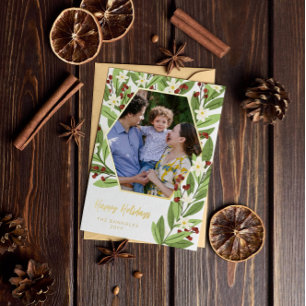 Carte De Vœux En Aluminium Fleurs blanches Baies rouges Hexagone Joyeuses Fêt