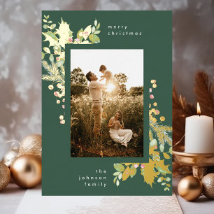 Carte De Vœux En Aluminium Fleurs de Noël à l'aquarelle moderne vert et or