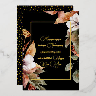 Carte De Vœux En Aluminium Fleurs et Feuilles d'Automne Élégantes Or Script N