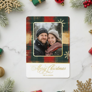 Carte De Vœux En Aluminium Flocon de neige rustique Plaid Photo Joyeux Noël