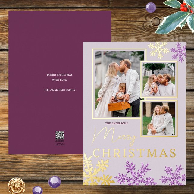 Carte De Vœux En Aluminium Flocon de neige Violet Glam 3 Photo Collage Gold (Faux purple glitter and real gold foil printing add the glam to these photo Christmas cards)