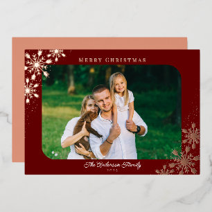 Carte De Vœux En Aluminium Flocon de Noël en Coin Arrondi Photo Rose Gold