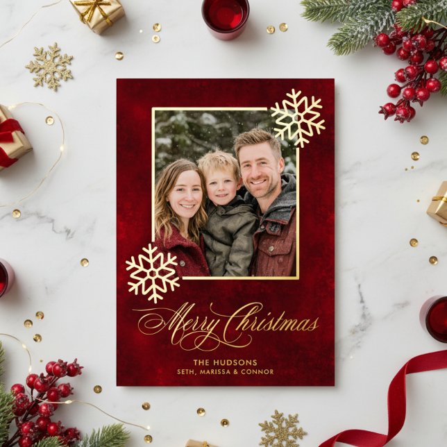 Carte De Vœux En Aluminium Flocon Rouge Velvet Photo Joyeux Noël (Créateur téléchargé)