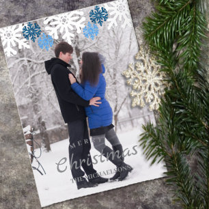 Carte De Vœux En Aluminium Flocons de neige bleu argenté Noël d'hiver