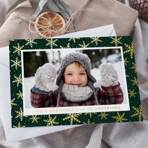 Carte De Vœux En Aluminium Flocons de neige dorés Photo Vert et Or