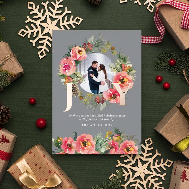 Carte De Vœux En Aluminium Floral Wreath Gold Joie Botanique Noël Photo (Créateur téléchargé)