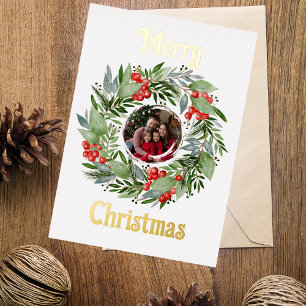 Carte De Vœux En Aluminium Foil Joyeuse carte de Noël Photo en or Wreath