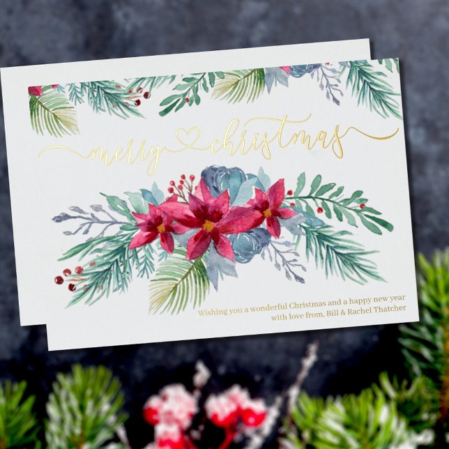 Carte De Vœux En Aluminium Folithe d'hiver Poinsettia Aquarelle Garland Gold (Créateur téléchargé)