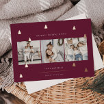 Carte De Vœux En Aluminium Forêt dorée | Élégant collage photo de Noël<br><div class="desc">Un design moderne et élégant de cartes de vacances de Noël avec trois photos carrés alignées côte à côte sur un arrière - plan de prune bordeaux parsemé de pins roses en feuille d'or. Personnalisez avec votre salutation de vacances personnalisée,  le nom de famille et l'année.</div>