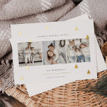 Carte De Vœux En Aluminium Forêt dorée | Élégant collage photo de Noël<br><div class="desc">Un design moderne et élégant de cartes de vacances de Noël avec trois photos carrés alignées côte à côte sur un arrière - plan blanc parsemé de pins à feuille d'or. Personnalisez avec votre salutation de vacances personnalisée,  le nom de famille et l'année.</div>