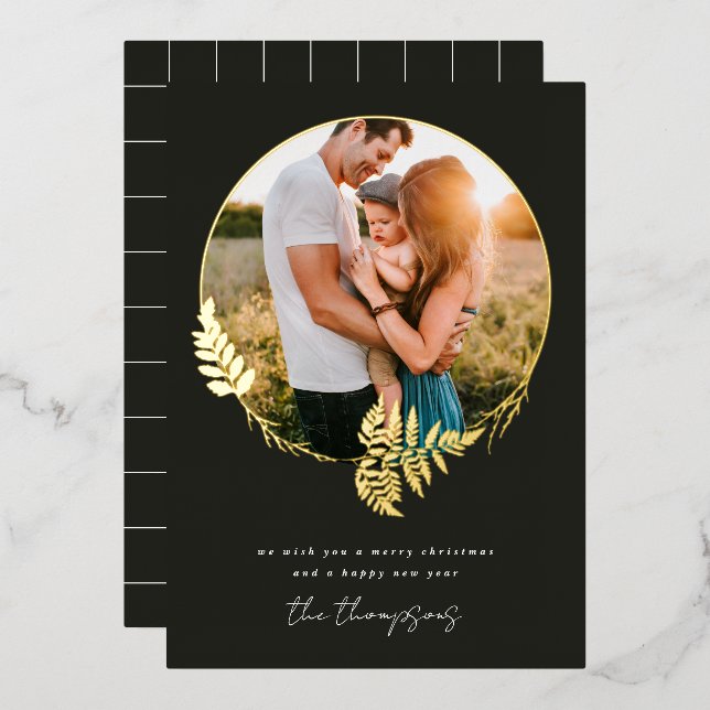 Carte De Vœux En Aluminium Forêt Wreath Joyeux Noël Gold Foil Photo Foil (Recto/Verso)