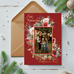 Carte De Vœux En Aluminium Frohe Weihnachten Photo Floral Foil Allemand<br><div class="desc">Frohe Weihnachten Photo Watercolor Floral German Foil Holiday Card Foil Stamped Christmas Cards présente l'une de vos photos préférées avec le texte en feuille superposé "Frohe Weihnachten" dans la typographie de script de calligraphie moderne sur un arrière - plan marron rouge accentué par l'aquarelle verdure d'hiver et les baies rouges....</div>