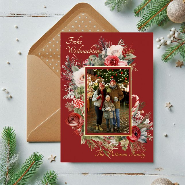 Carte De Vœux En Aluminium Frohe Weihnachten Photo Floral Foil Allemand (Créateur téléchargé)