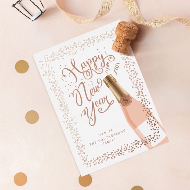 Carte De Vœux En Aluminium Fun Happy New Year Script Rose Champagne Confetti (Créateur téléchargé)
