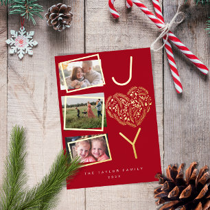 Carte De Vœux En Aluminium Fun moderne Trois Photo Red Joy Joyeux Noël