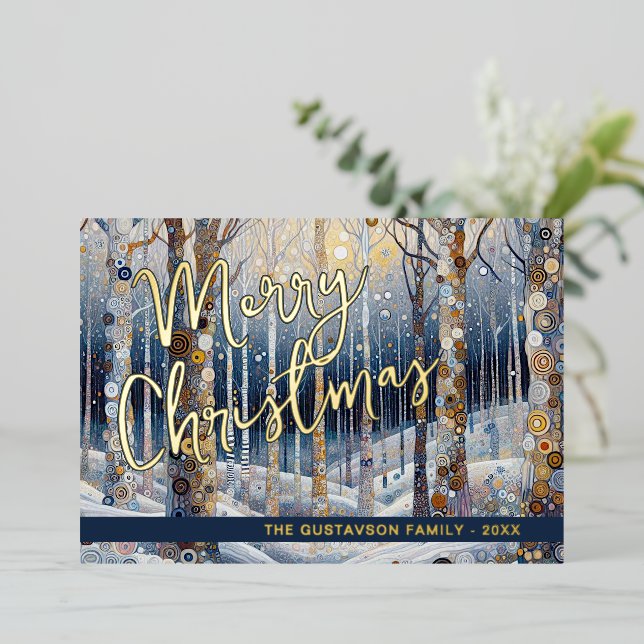 Carte De Vœux En Aluminium Fun Retro Abstract Winter Snow Wonderland Art Gold (Debout devant)