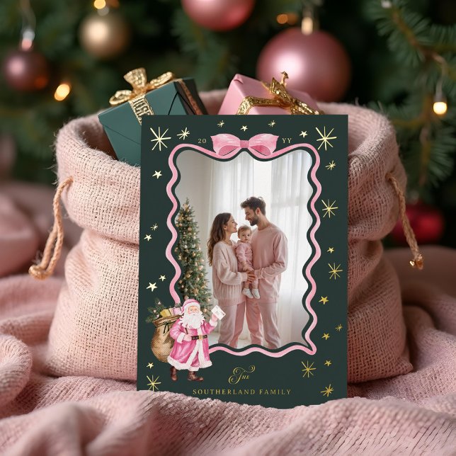 Carte De Vœux En Aluminium Fun Retro Père Noël Wavy Pink Ribbon Photo Noël (Fun Retro Santa Wavy Pink Ribbon Photo Christmas Foil Holiday Card (Front))