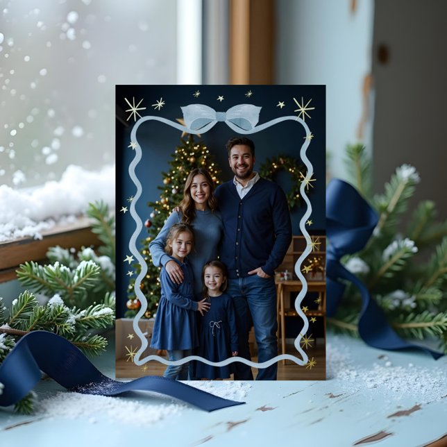 Carte De Vœux En Aluminium Fun Retro Wavy Blue Ribbon & Stars Photo Noël (Fun Retro Wavy Blue Ribbon & Stars Photo Christmas Foil Holiday Card)