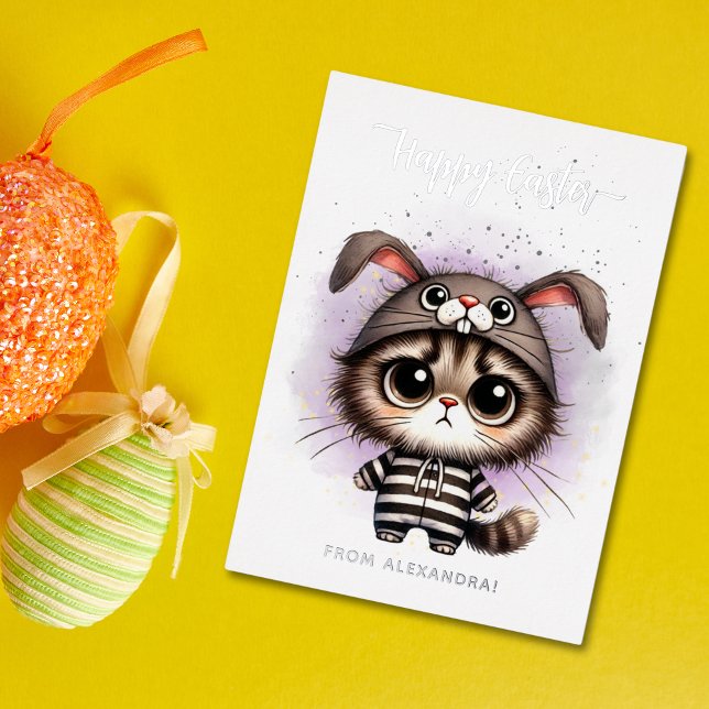 Carte De Vœux En Aluminium Funny Kitty en costume lapin violet Joyeux Pâques (Créateur téléchargé)