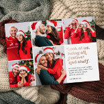 Carte De Vœux En Aluminium Funny Regardez-nous 5 Collage photo Noël<br><div class="desc">Cette drôle de carte de vacances de cinq collages photo présente une typographie de style rétro lisant, "Regardez-nous, étant tous festifs et des trucs" en vrai feuille d'or. Don ces chapeaux de Père Noël, des bois de rennes, des chandails moches, ou d'autres tenues et accessoires de Noël évidents. Puis prenez...</div>