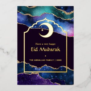 Carte De Vœux En Aluminium Galaxie Eid Mubarak et Agate dorée