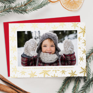 Carte De Vœux En Aluminium Galets de neige dorés Photo Rouge et or