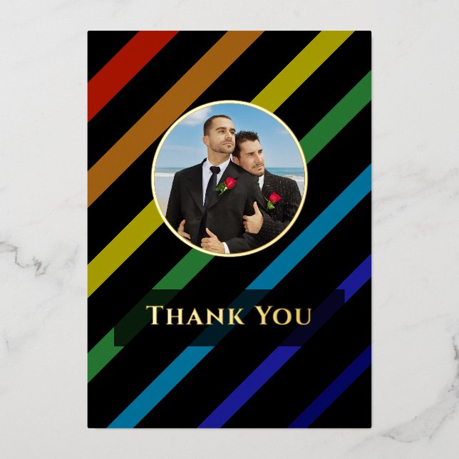 Carte De Vœux En Aluminium Gay Men Wedding Elegant Rainbow Photo Gold (Recto)