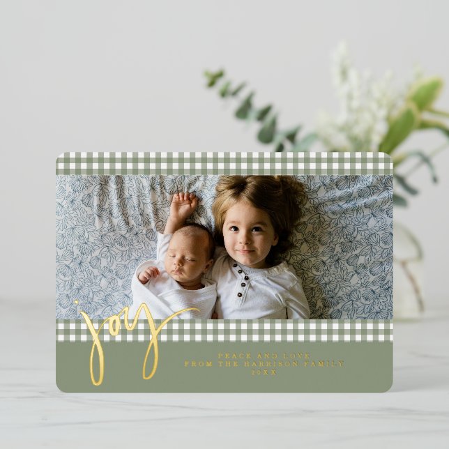 Carte De Vœux En Aluminium Gingham Farmhouse Green Christmas Family Photo (Debout devant)