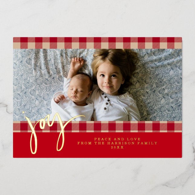 Carte De Vœux En Aluminium Gingham Rustic Farmhouse Red Beige Christmas Photo (Recto)
