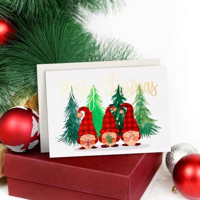Carte De Vœux En Aluminium Gnomes rustiques Festif Joyeux Noël Véritable Or (Rustic Gnomes Custom Merry Christmas Real Gold Foil Holiday Card
)