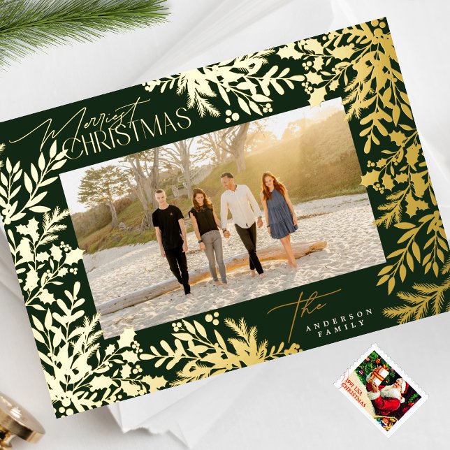 Carte De Vœux En Aluminium Gold Botanical Classic Joyeux Noël Photo (Créateur téléchargé)