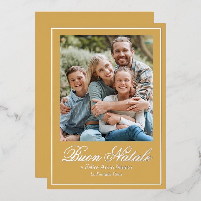 Carte De Vœux En Aluminium Gold Buon Natale e Felice Anno Nuovo Script Photo (Recto/Verso)