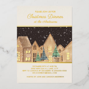 Carte De Vœux En Aluminium Gold Fil Vintage House Village Dîner de Noël
