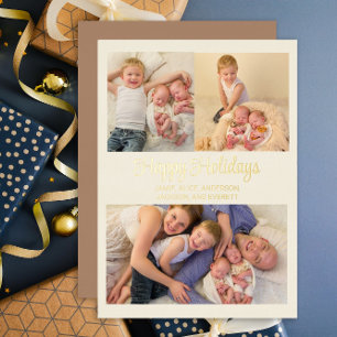 Carte De Vœux En Aluminium Gold Foil 3 Photo Happy Holidays Family
