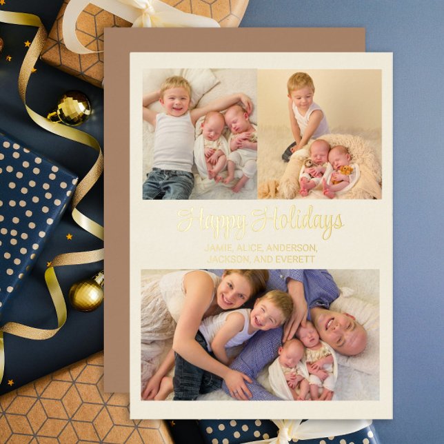 Carte De Vœux En Aluminium Gold Foil 3 Photo Happy Holidays Family (Créateur téléchargé)