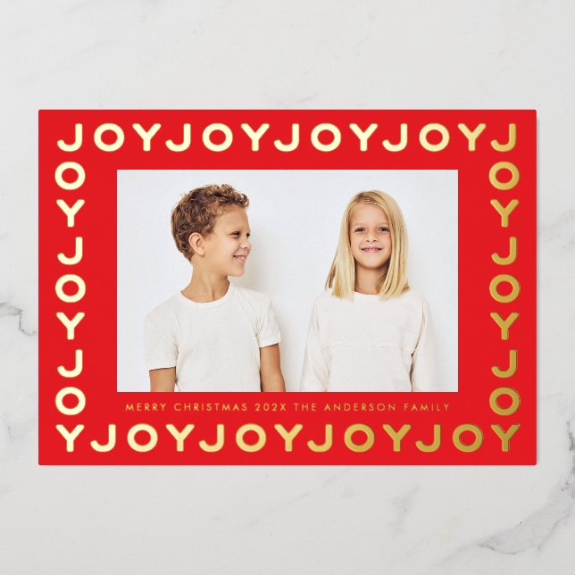 Carte De Vœux En Aluminium Gold JOY JOY JOY JOY Christmas Photo RED Frame (Recto)
