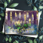 Carte De Vœux En Aluminium Gold Menorah Happy Hanoukka Purple Blue<br><div class="desc">Gold Menorah Happy</div>