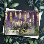 Carte De Vœux En Aluminium Gold Menorah Happy Hanoukka Purple Green<br><div class="desc">Gold Menorah Happy</div>
