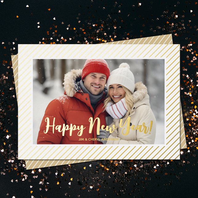 Carte De Vœux En Aluminium Gold Pinstripe Foil Bonne année (REAL FOIL Gold Pinstripes Happy New Year Holiday Cards)