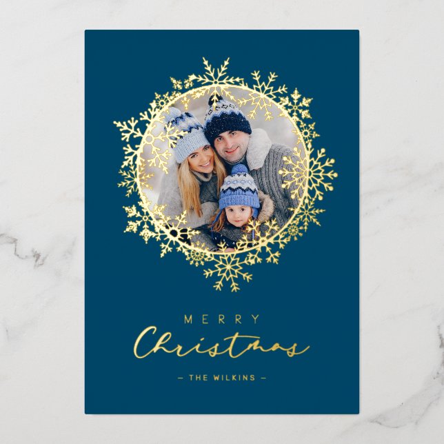 Carte De Vœux En Aluminium Gold Snowflakes Merry Christmas Round Family Photo (Recto)