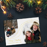 Carte De Vœux En Aluminium Gold Starry Strings Arch Photos Joyeux Noël<br><div class="desc">Charmante carte de Noël avec deux photos en forme d'arc ornées de cordes en feuille d'or traversant la carte décorée de petites étoiles et de points en feuille d'or.</div>