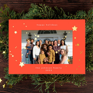 Carte De Vœux En Aluminium Gold Stars Cherry Red Photo Joyeux Noël