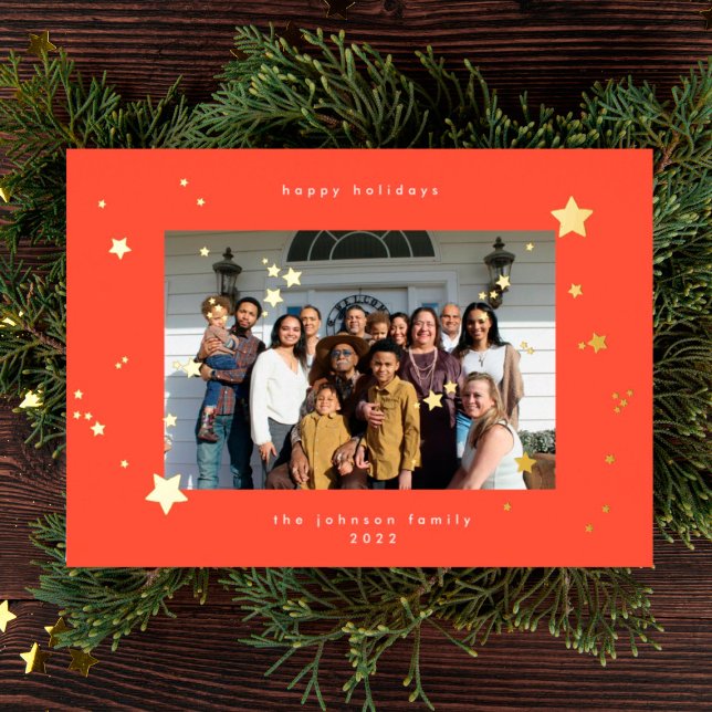 Carte De Vœux En Aluminium Gold Stars Cherry Red Photo Joyeux Noël (Créateur téléchargé)
